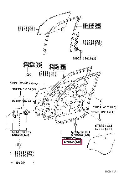 6786260101 Toyota Front door glass trim, inner left