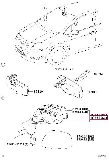 Toyota 87940-12B00 Rearview mirror external left 8794012B00 8794012B00 Toyota Rearview mirror external left