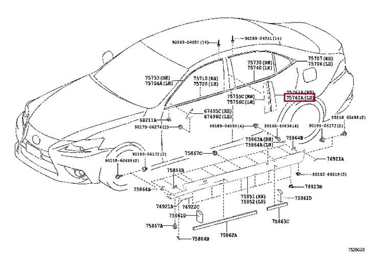 7576253020 Toyota Rear left door molding