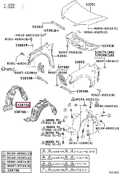 Toyota 53875-44050 LINER, FR FENDER, RH 5387544050 5387544050 Toyota LINER, FR FENDER, RH