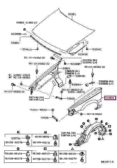 Front wing panel Toyota: 538021E340 Toyota Wing