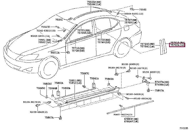 7576253010 Toyota Rear left door molding