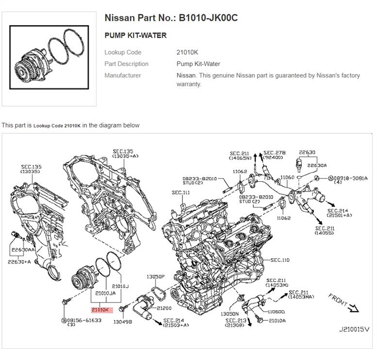 Nissan B1010-JK00C Water pump B1010JK00C