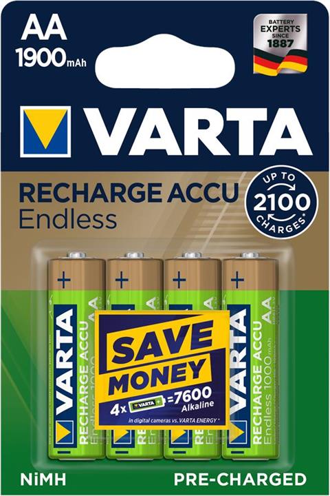 Varta 56676101404 Battery Rechargeable Accu Endless AA 1900mAh BLI 4 NI-MH 56676101404