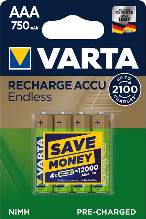 Varta 56673101404 Battery Rechargeable Accu Endless AAA 750 mAh BLI 4 NI-MH 56673101404