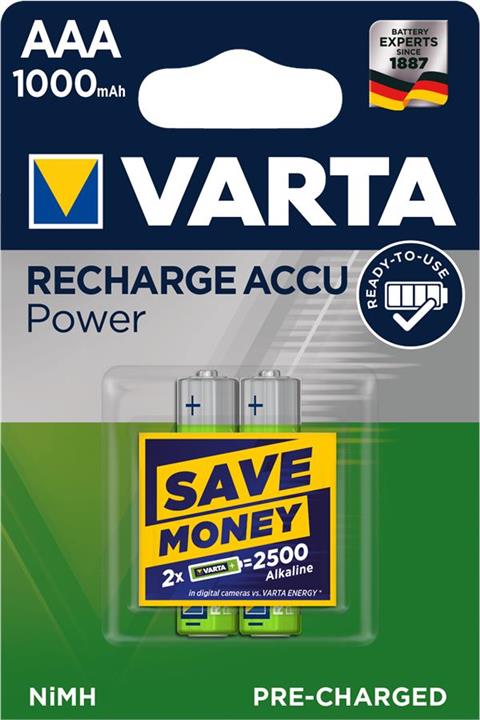 Varta 05703301402 Battery Rechargeable Accu AAA 1000mAh BLI 2 NI-MH 05703301402