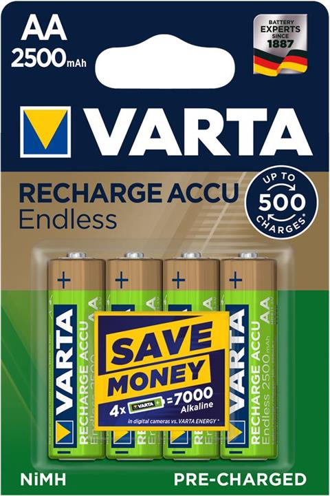 Varta 56686101404 Battery Rechargeable Accu Endless AA 2500 mAh BLI 4 NI-MH 56686101404