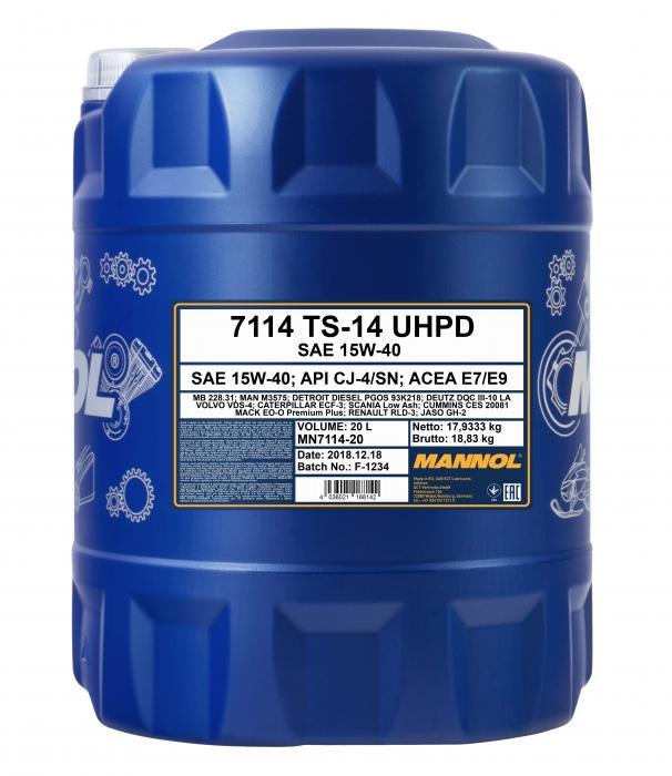 Mannol MN7114-20 Motor oil MANNOL 7114 TS-14 UHPD 15W-40 ACEA E7/E9, API CJ-4/SN, JASO DH-2, 20 l MN711420