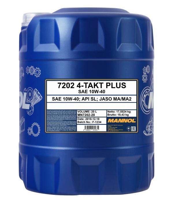 Mannol MN7202-20 Motor oil MANNOL 7202 4-Takt Plus 10W-40 API SL, JASO MA/MA2, 20 l MN720220