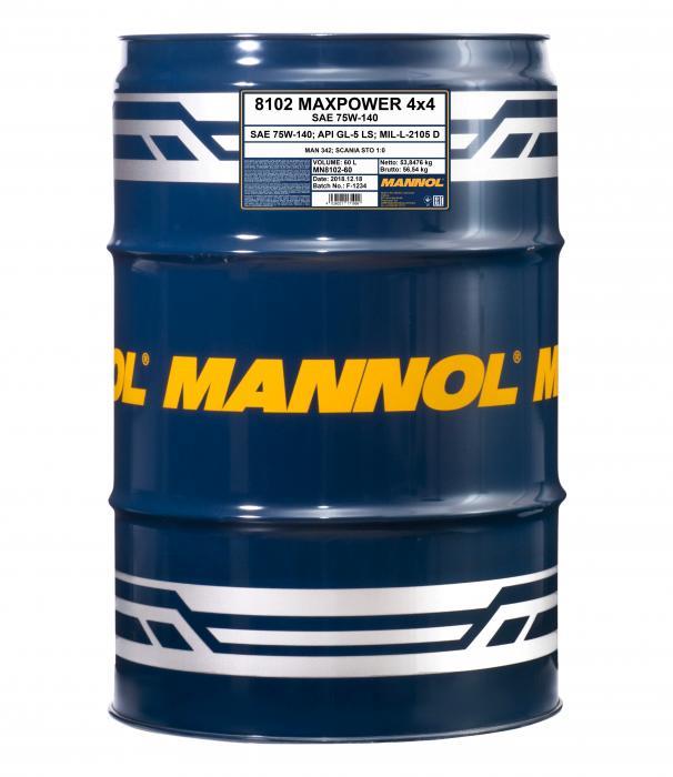 Mannol MN8102-60 Transmission oil MANNOL 8102 Maxpower 4x4 75W-140 API GL-5 LS, 60 l MN810260
