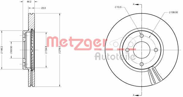 Metzger 6110748 Front brake disc ventilated 6110748