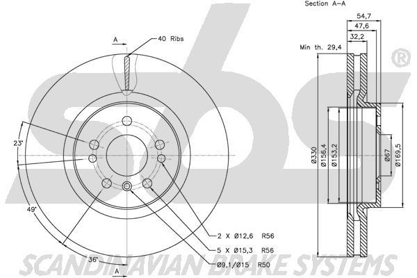 SBS 1815313392 Front brake disc ventilated 1815313392