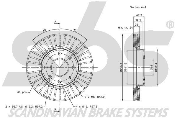 SBS 1815313512 Front brake disc ventilated 1815313512