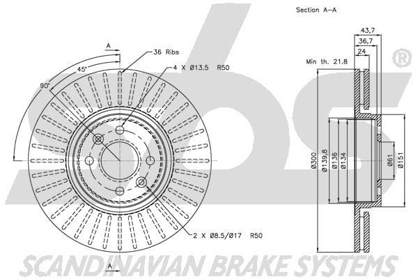SBS 1815313947 Front brake disc ventilated 1815313947