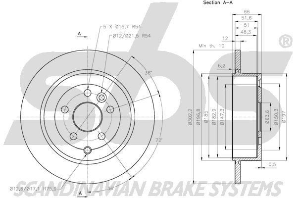 SBS 1815314031 Rear brake disc, non-ventilated 1815314031