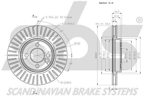 SBS 1815314034 Front brake disc ventilated 1815314034