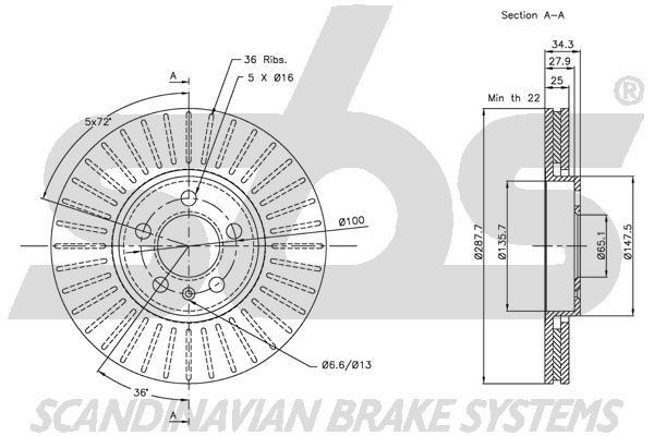 SBS 1815314760 Front brake disc ventilated 1815314760