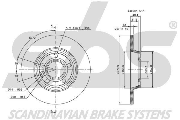 SBS 1815314767 Rear brake disc, non-ventilated 1815314767
