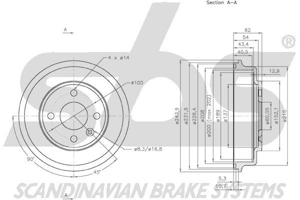 SBS 1825253630 Rear brake drum 1825253630