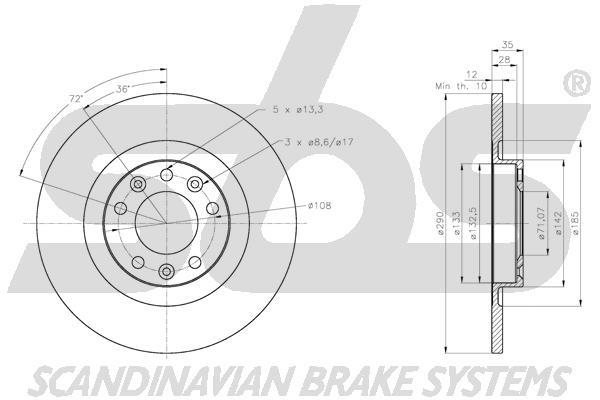 SBS 1815311957 Rear brake disc, non-ventilated 1815311957