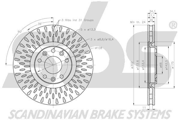 SBS 1815313750 Front brake disc ventilated 1815313750