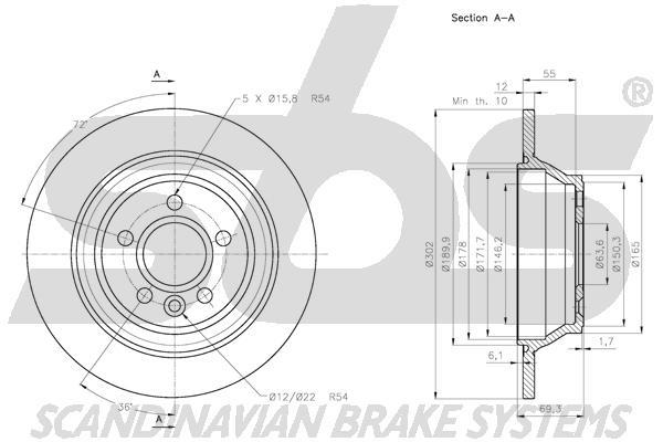 SBS 1815314859 Rear brake disc, non-ventilated 1815314859