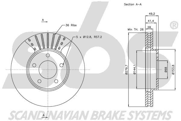 SBS 1815312256 Front brake disc ventilated 1815312256