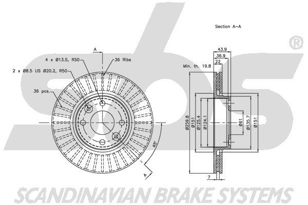 SBS 1815312264 Front brake disc ventilated 1815312264
