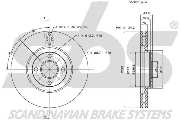 SBS 1815312344 Front brake disc ventilated 1815312344
