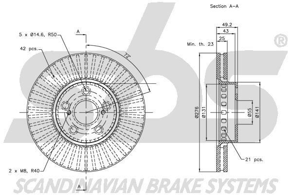 SBS 1815314595 Front brake disc ventilated 1815314595