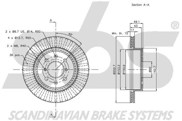 SBS 1815315213 Front brake disc ventilated 1815315213