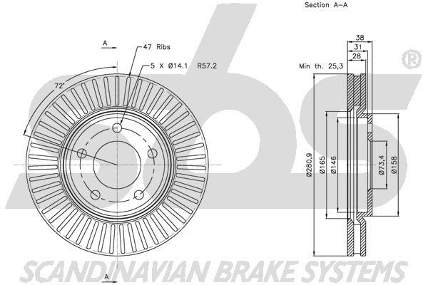 SBS 1815319313 Front brake disc ventilated 1815319313