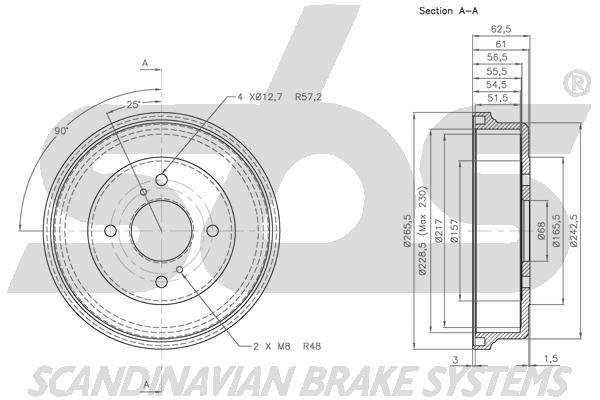 SBS 1825252212 Rear brake drum 1825252212