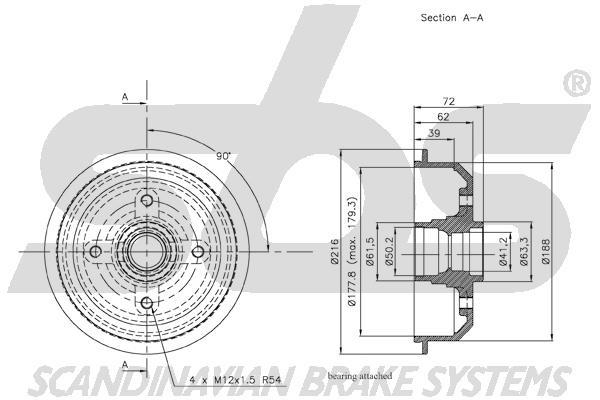 SBS 1825252537 Brake drum with wheel bearing, assy 1825252537