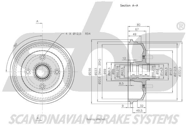 SBS 1825252541 Brake drum with wheel bearing, assy 1825252541
