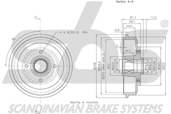 SBS 1825252542 Brake drum with wheel bearing, assy 1825252542