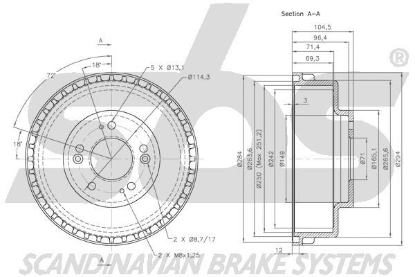 SBS 1825253501 Rear brake drum 1825253501