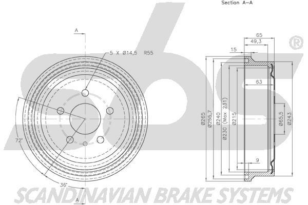 SBS 1825253615 Rear brake drum 1825253615