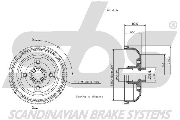 SBS 1825253621 Brake drum with wheel bearing, assy 1825253621