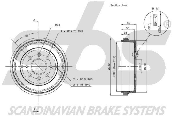 SBS 1825254301 Rear brake drum 1825254301