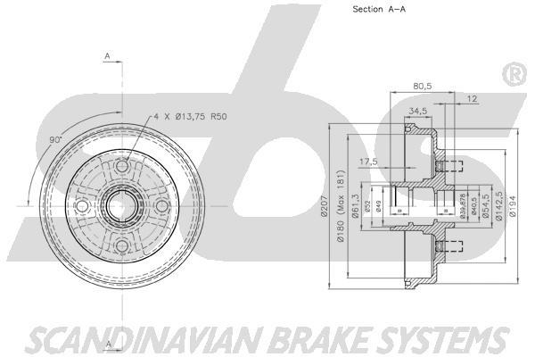 SBS 1825254514 Rear brake drum 1825254514