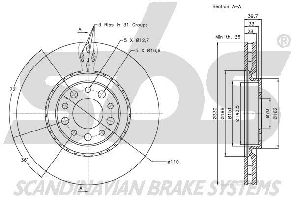 SBS 1815311023 Front brake disc ventilated 1815311023