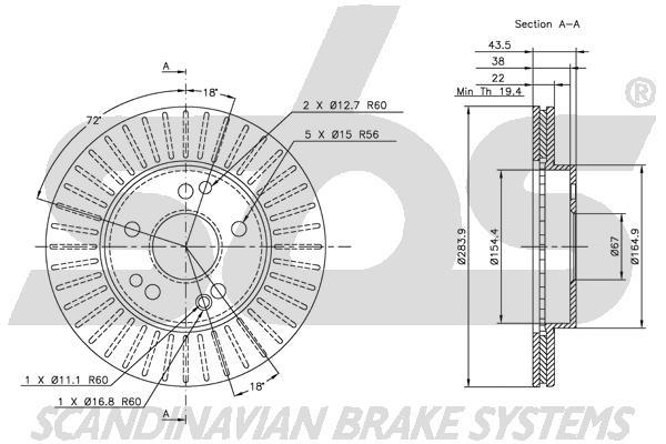 SBS 1815313308 Front brake disc ventilated 1815313308