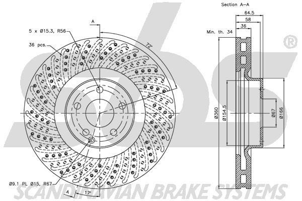 SBS 1815313366 Front brake disc ventilated 1815313366