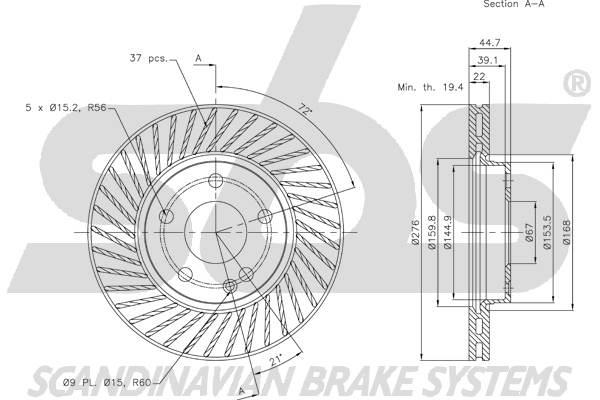 SBS 1815313372 Front brake disc ventilated 1815313372