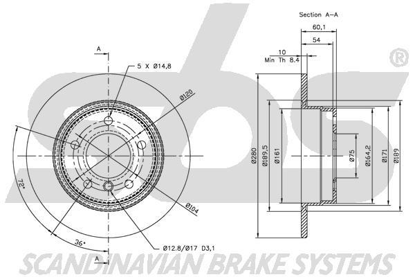 SBS 1815311525 Rear brake disc, non-ventilated 1815311525