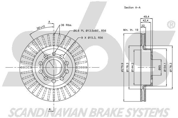 SBS 1815314787 Front brake disc ventilated 1815314787