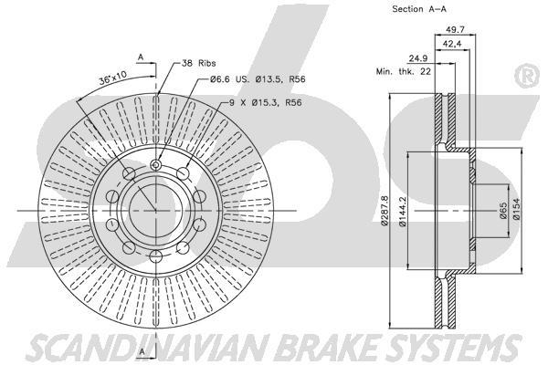SBS 1815314788 Front brake disc ventilated 1815314788