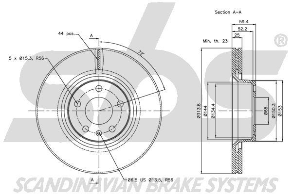 SBS 1815314799 Front brake disc ventilated 1815314799
