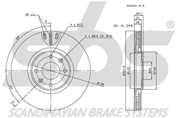 SBS 1815311938 Front brake disc ventilated 1815311938